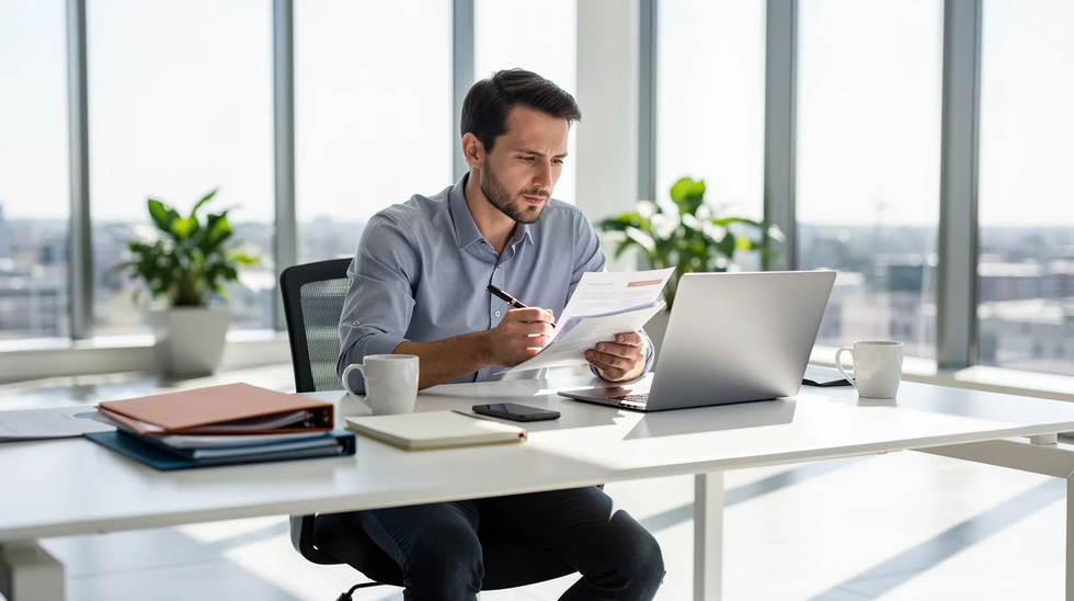 The image depicts an entrepreneur focused on their laptop in a bright, modern office space, surrounded by documents as they navigate the trademark registration process. This setting suggests a professional atmosphere where they may be reviewing trademark applications and considering costs associated with federal trademark registration.