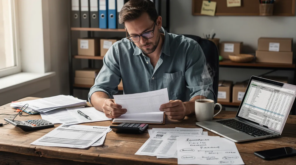A small business owner is seated at a desk, carefully reviewing paperwork and cost estimates related to the trademark registration process. The documents include details about trademark application fees, potential additional costs, and the importance of a comprehensive trademark search for protecting their business name.