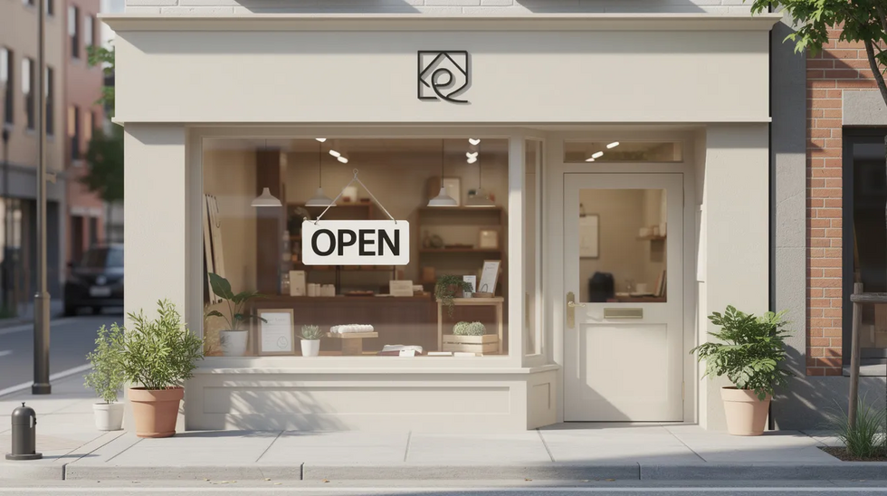 The image depicts a small retail storefront with an inviting open sign in the window, symbolizing the essence of small business branding. This storefront represents the journey of many business owners, who often navigate the trademark registration process to protect their intellectual property and brand identity.