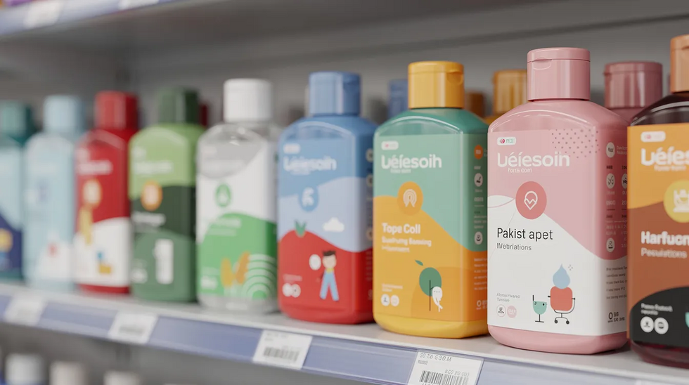 The image features a vibrant array of product packaging and bottles neatly arranged on a shelf, showcasing various brand logos. This colorful display highlights the importance of brand identity and trademark protection for small business owners looking to establish their trademark rights.