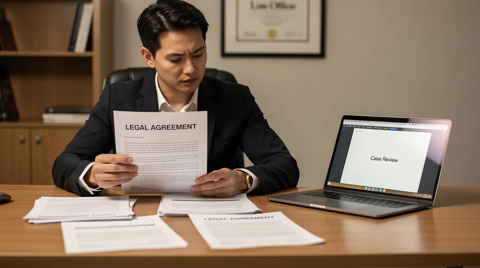 A person is seated at a desk, intently reviewing legal documents related to trademark registration, with a laptop open nearby displaying the USPTO's online system. This scene captures the diligence of a trademark attorney as they navigate the trademark application process for brand protection and legal ownership.