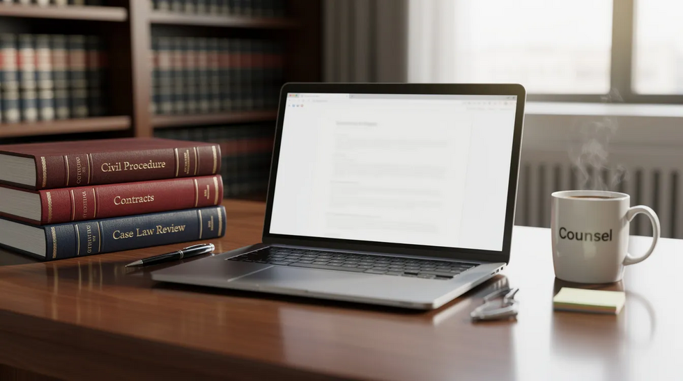 The image depicts an attorney's desk featuring a laptop, a stack of legal reference books, and a coffee mug, symbolizing the workspace of a trademark attorney involved in the trademark registration process. This setup reflects the importance of legal protection and trademark rights for small business owners in establishing and maintaining their brand identity.