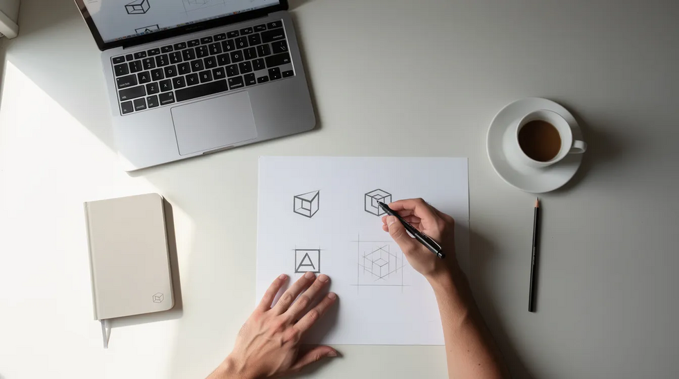 The image shows a person sketching a logo design on paper beside a laptop and a coffee cup, all arranged on a clean desk. This scene reflects the creative process involved in developing a brand identity, which is an essential step in trademark registration and protecting intellectual property.