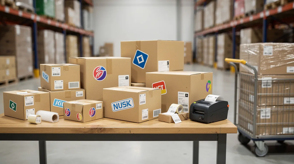 The image shows a variety of shipping boxes adorned with trademarked logos and brand stickers, being organized for delivery in a bustling warehouse. This setting highlights the importance of trademark protection and brand identity for businesses as they prepare their products for shipment.