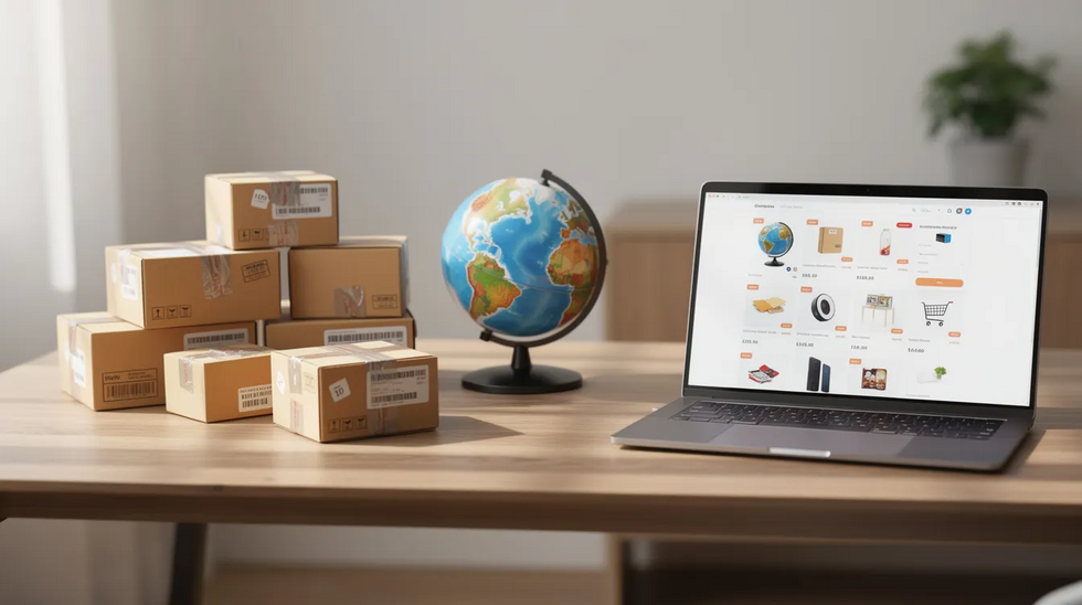 The image depicts a globe resting on a desk, surrounded by small shipping boxes and a laptop displaying an e-commerce website, symbolizing the global reach of businesses and the importance of trademark registration for brand identity and intellectual property protection. The scene emphasizes the interconnectedness of commerce and the need for trademark rights in a competitive market.