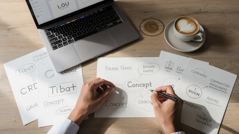 An entrepreneur is seen sketching brand name concepts on paper, with a laptop and a cup of coffee beside them, symbolizing the creative process involved in trademark registration and the intent to use trademark applications for their business. The scene captures the essence of developing marketing materials and planning for a product launch while navigating the legal requirements of trademark law.