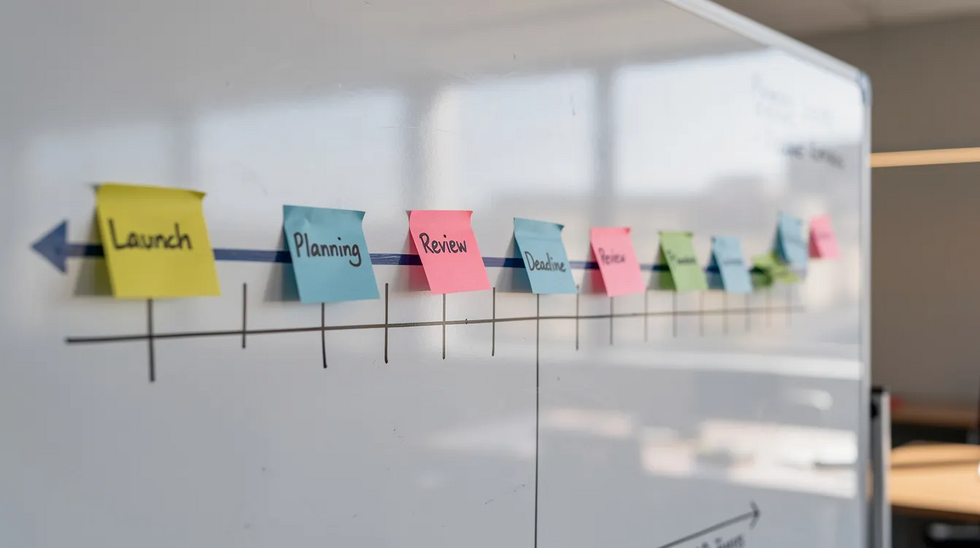 The image depicts a whiteboard timeline filled with sticky notes that highlight various milestones in the trademark registration process, such as filing dates and notices of allowance. Each note signifies a step in the intent to use application, illustrating the journey toward securing trademark rights.