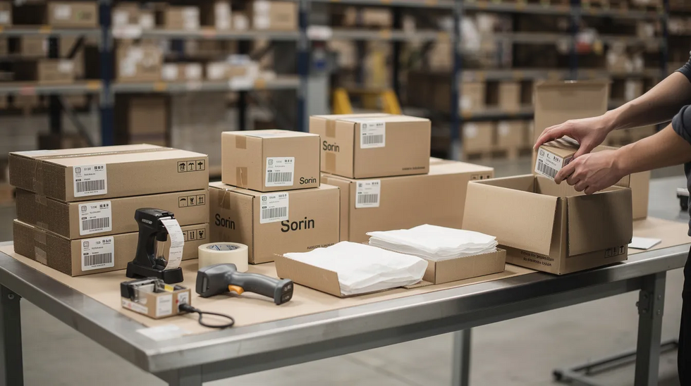 The image depicts a warehouse table where product packaging and shipping boxes are being prepared, illustrating the operational aspect of a business readying items for distribution. This process may involve considerations related to trademark registration and the intent to use trademark applications for the goods being packaged.