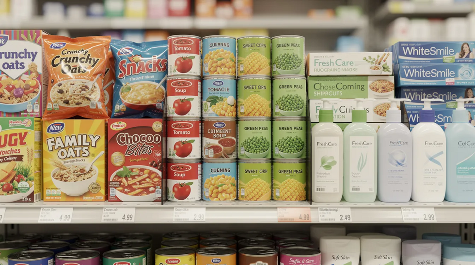 The image features a retail shelf displaying a variety of consumer product packages and labels, showcasing acceptable specimens for trademark registration. These items include colorful detergent soap packaging, coffee mugs, and other marketing materials, all arranged neatly to highlight their branding and intended packaging.