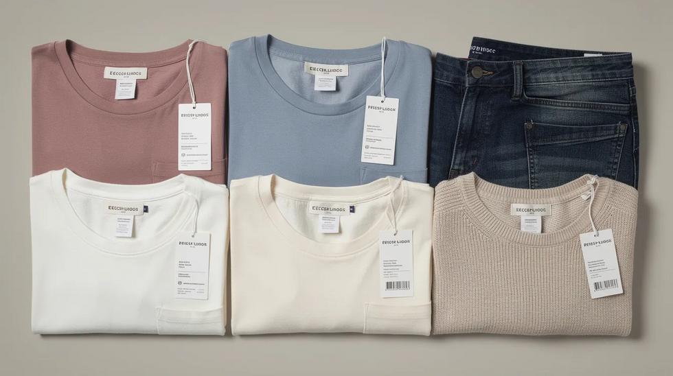 The image features a flat lay of various clothing items, prominently displaying sewn-in brand labels and hang tags, which serve as acceptable specimens for trademark registration. This visual representation showcases the actual use of the trademark, providing real-life evidence for trademark applications.