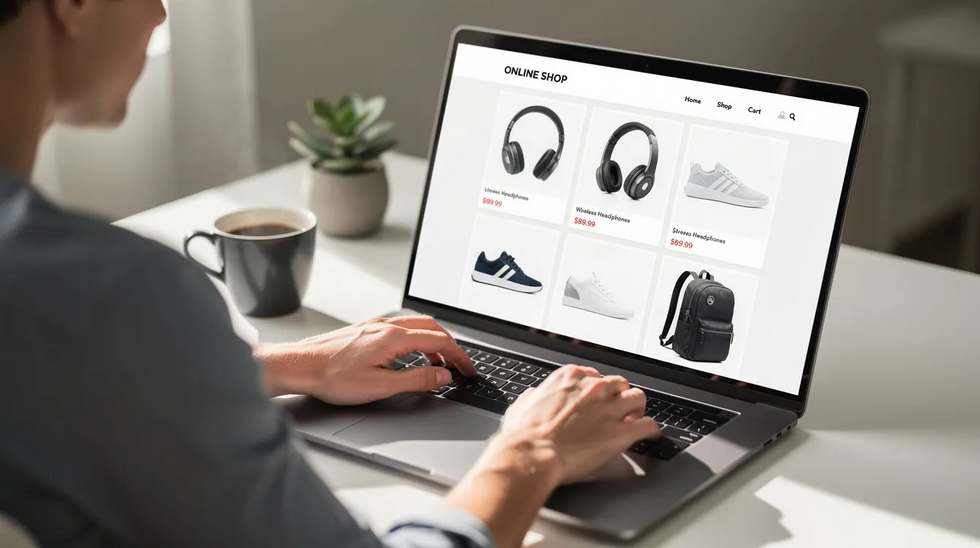 The image shows a person sitting at a desk, browsing an online store on a laptop screen that displays various products, including a coffee mug and a t-shirt. This scene represents the actual use of trademarks in digital marketing materials, showcasing how consumers engage with goods and services online.
