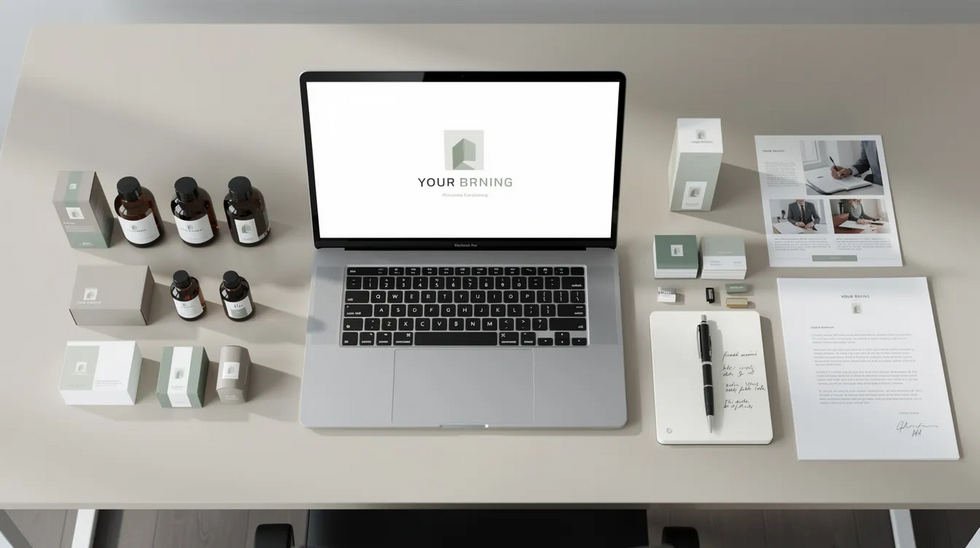The image depicts a professional desk featuring a laptop, various product samples, and printed brand materials laid out for review, showcasing essential marketing materials and advertising documents that may serve as acceptable specimens for trademark registration. The arrangement reflects a workspace dedicated to evaluating goods or services and preparing for trademark application submissions.