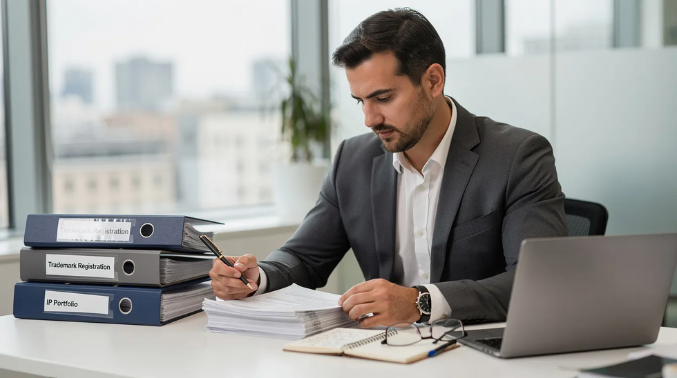 The image shows a professional, likely a trademark attorney, meticulously reviewing trademark documents at a modern office desk, surrounded by legal texts and notes related to trademark registration and opposition proceedings. The workspace reflects a focus on trademark practice, highlighting the importance of thorough preparation for potential trademark trials and appeals.