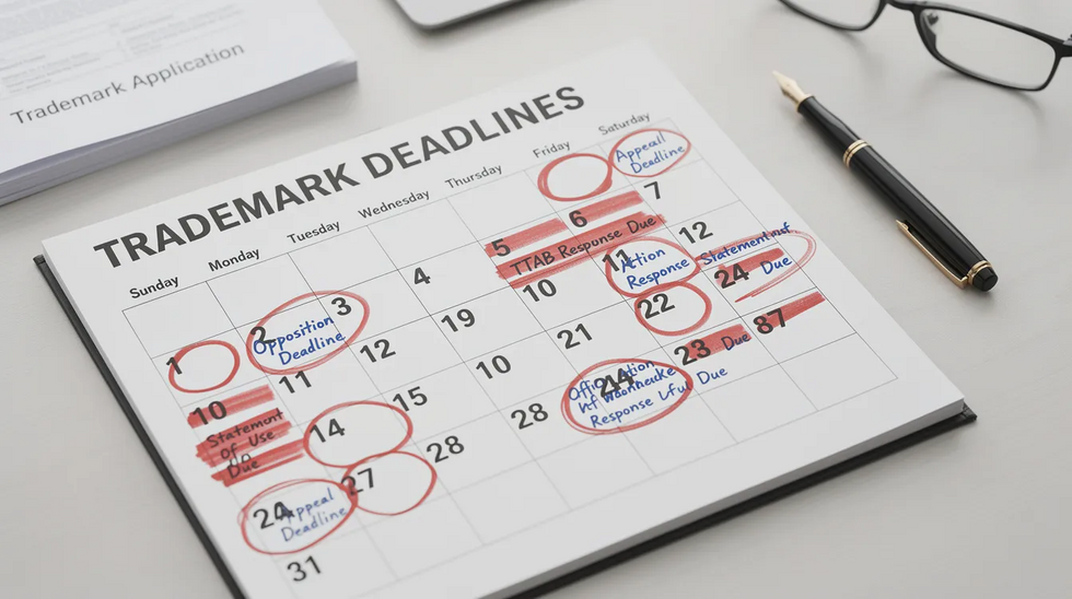 The image depicts a calendar with important legal deadlines marked in red, specifically highlighting dates related to trademark applications and proceedings, such as notices of opposition and responses to the trademark trial and appeal board. This visual serves as a reminder for trademark attorneys and applicants to stay informed about critical events in the trademark registration process.