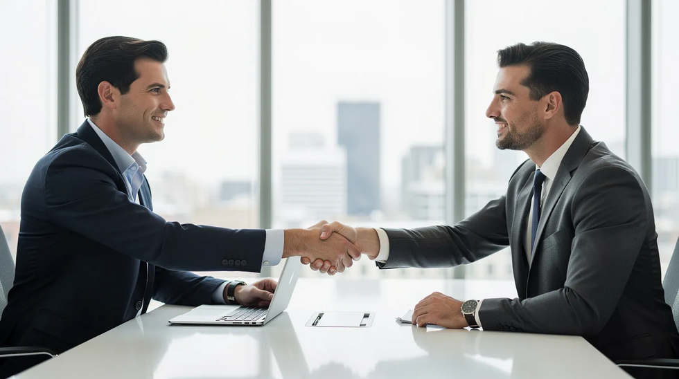 The image depicts two business professionals shaking hands across a conference table, symbolizing a successful negotiation or agreement, potentially related to trademark opposition or trademark registration discussions. The setting suggests a formal business environment where legal matters, such as trademark rights and opposition proceedings, are being addressed.