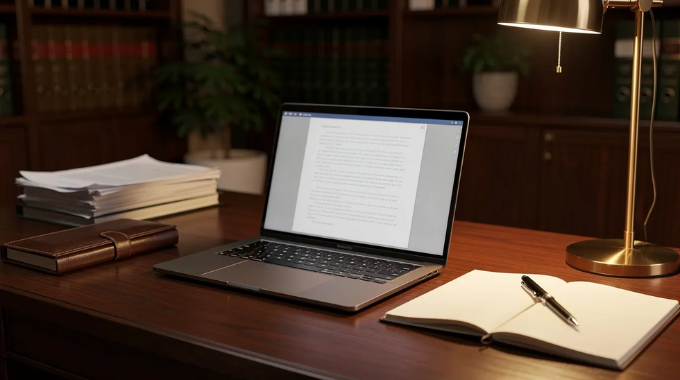 The image depicts a well-organized professional legal office desk featuring a laptop, an open notebook, and a pen, all set in a warm and inviting workspace. This environment is ideal for addressing matters related to copyright law, intellectual property rights, and potential infringement lawsuits.