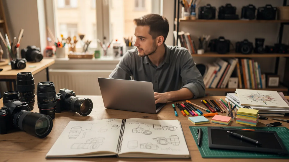 The image depicts a person seated at a desk, focused on their laptop, surrounded by various cameras, sketchbooks, and creative tools, suggesting an environment rich in artistic and intellectual property pursuits. This workspace hints at the importance of copyright protection and the creation of original works in the realm of creative industries.