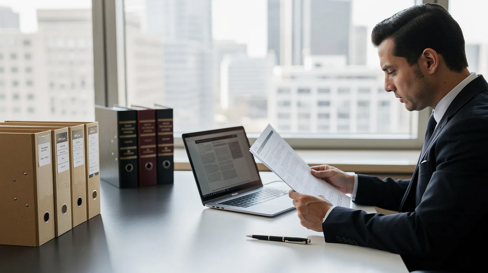 A professional is seated at a desk, intently reviewing legal documents alongside a laptop and various files related to copyright law and intellectual property. The scene conveys a focus on copyright protection and the complexities of potential infringement lawsuits.