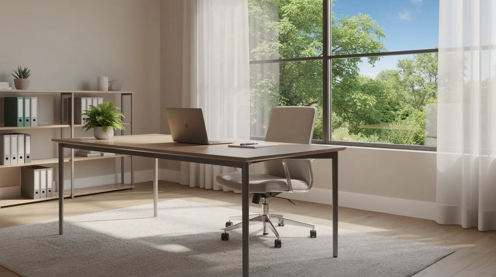 The image depicts a serene professional office space featuring a large window that allows natural light to illuminate the room, with a view of lush green trees outside, creating a welcoming environment ideal for productivity. This setting emphasizes the importance of maintaining intellectual property rights and copyright protection in a calm and focused atmosphere.