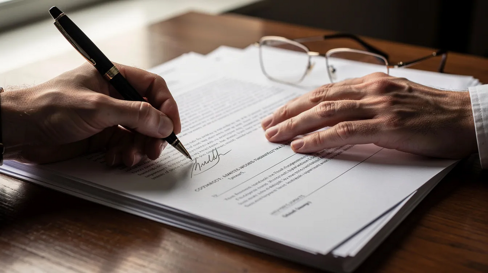 The image depicts hands signing legal documents on a desk, accompanied by a pen and reading glasses, suggesting a focus on estate planning and the importance of working with an experienced estate planning attorney to navigate the probate process in Massachusetts. This scene highlights the careful planning necessary to protect assets and avoid probate court involvement.