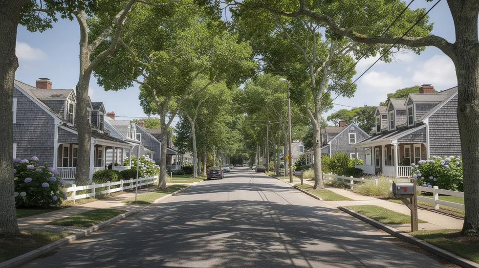 The image depicts a picturesque tree-lined residential street in a Cape Cod neighborhood, featuring charming shingled houses that embody classic New England architecture. This serene setting reflects the essence of community living, where many Massachusetts families may consider estate planning to protect their assets and manage real estate effectively.