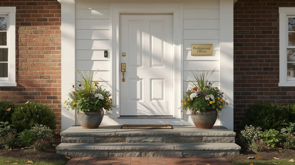 The image features a charming front door of a small New England professional office building, adorned with potted plants on the steps, creating an inviting atmosphere. This setting may be ideal for an estate planning attorney, where clients can seek guidance on avoiding probate and protecting their assets under Massachusetts law.