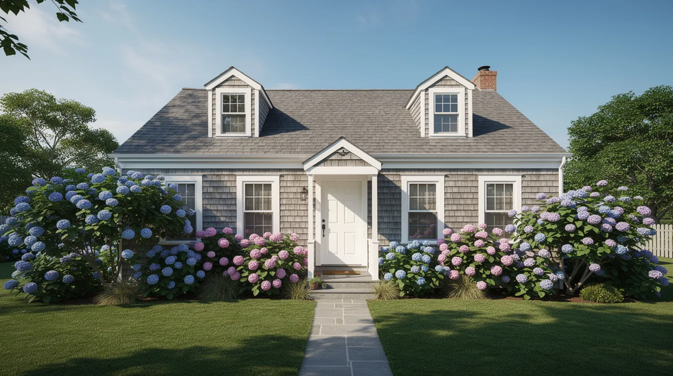 A charming Cape Cod style shingled home is nestled among vibrant hydrangea bushes, basking in the warmth of a sunny day. This picturesque scene evokes a sense of tranquility, ideal for anyone considering estate planning, such as funding a revocable living trust to protect significant assets like real estate and financial accounts.