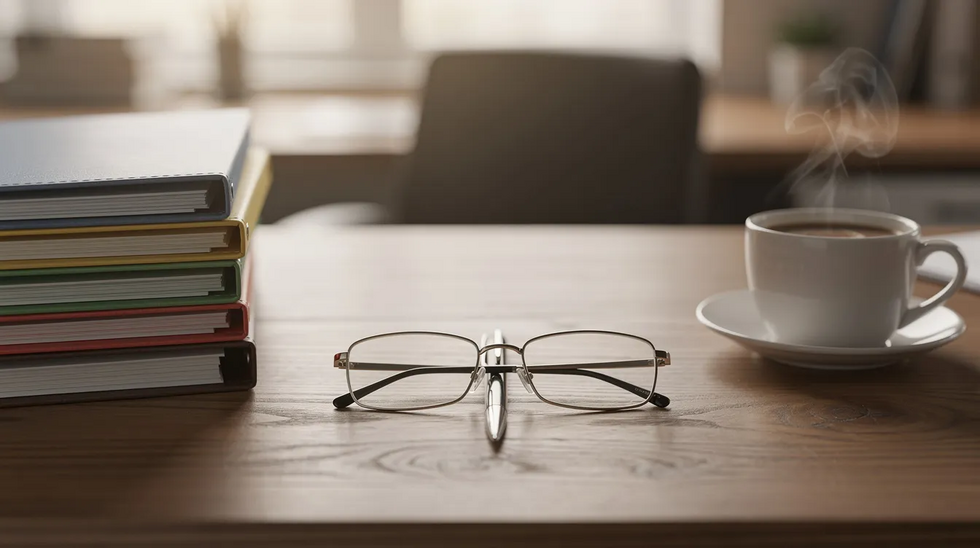 The image depicts a neatly organized desk featuring folders, a pen, and reading glasses, accompanied by a steaming cup of coffee. This setup suggests a focused environment, potentially for an experienced estate planning attorney working on trust documents and strategies for transferring real estate and managing financial accounts.