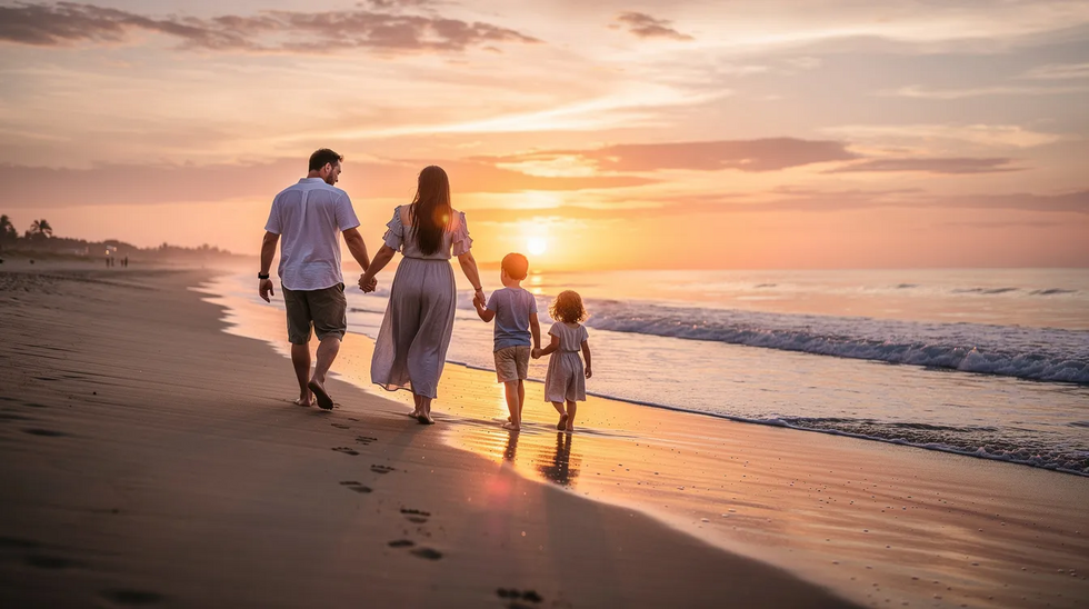 A family strolls along a sandy beach at sunset, with the sky painted in warm hues of orange and pink. They are enjoying their time together, creating cherished memories as waves gently lap at their feet, symbolizing the importance of planning for the future, much like an experienced estate planning attorney would guide individuals in managing their significant assets and avoiding the probate process.