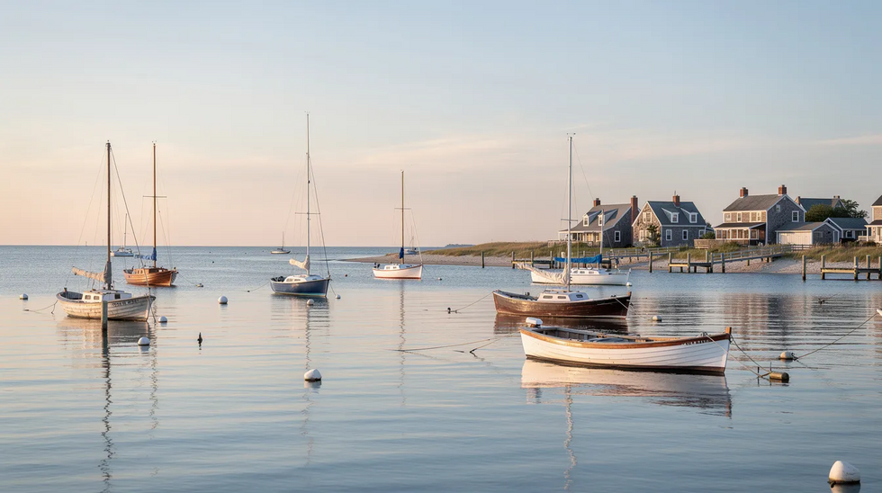 The image depicts a serene Cape Cod harbor in the morning, with several boats anchored peacefully on the calm water, surrounded by lush greenery and a clear blue sky. This tranquil scene evokes a sense of relaxation, reminiscent of the legal separation process where parties may seek a calm resolution in their divorce agreement.