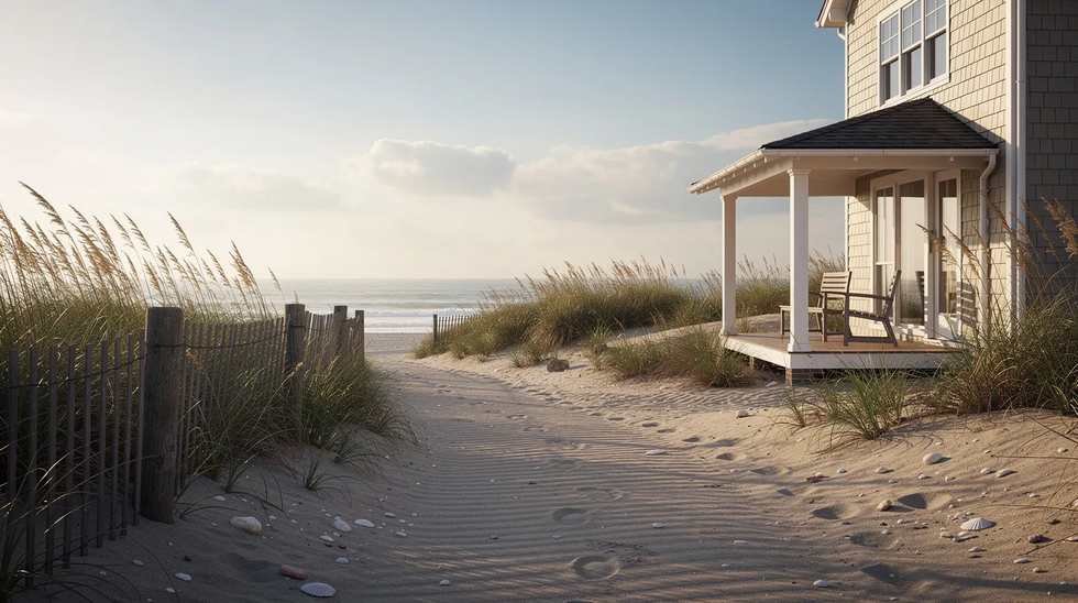 The image depicts a charming residential home located near a sandy beach path, bordered by lush dune grass. This serene setting may evoke thoughts of family vacations and the importance of a solid parenting plan, as families often seek legal agreements like a separation agreement to ensure the best interests of children while navigating the complexities of divorce.