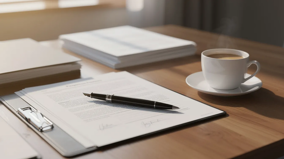 The image depicts a tidy desk bathed in morning light, showcasing organized legal documents related to family law, a pen, and a coffee cup. This setting suggests a focus on important matters such as separation agreements, child custody, and financial support within the context of Massachusetts law.