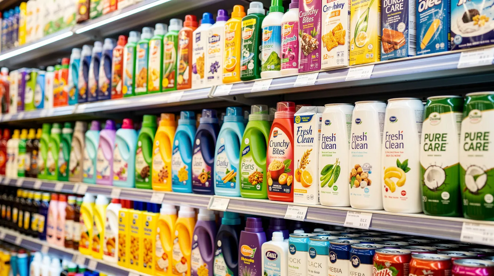 The image features a retail shelf filled with various consumer products, each adorned with vibrant packaging and distinct labels, showcasing a range of brands and trademarks. This colorful display highlights the importance of trademark registration for businesses to protect their unique logos and brand identities.