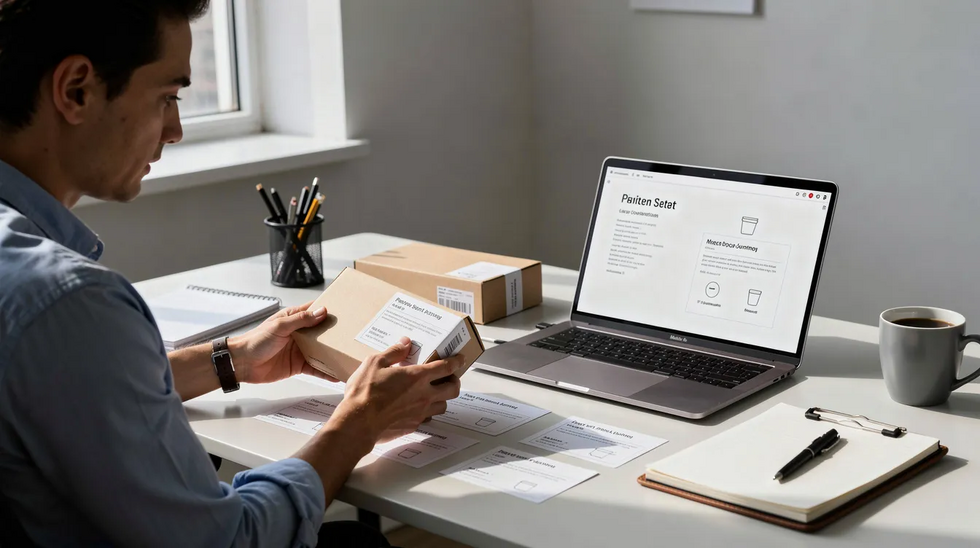 The image shows a person sitting at a desk, carefully reviewing product packaging and labels while using a laptop, likely to ensure compliance with trademark law and prepare for federal trademark registration. Various documents, including a registration certificate and trademark application forms, are spread across the desk, indicating a detailed examination of trademark rights related to their business.