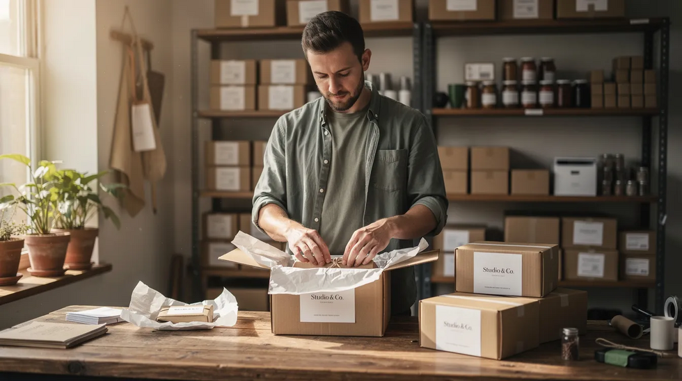 A small business owner is seen carefully packaging branded products in a workshop, surrounded by various items that reflect their brand identity. The scene emphasizes the importance of trademark protection as the owner prepares their goods for customers, showcasing their dedication to their business and the registration process for their federally registered trademark.