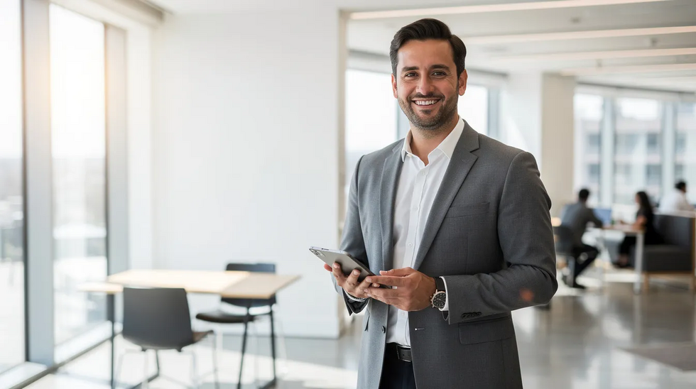 A confident entrepreneur is smiling while holding a new product in a bright, modern workspace, symbolizing innovation and business success. The scene reflects the importance of trademark registration for protecting their brand and ensuring trademark rights within the competitive market.