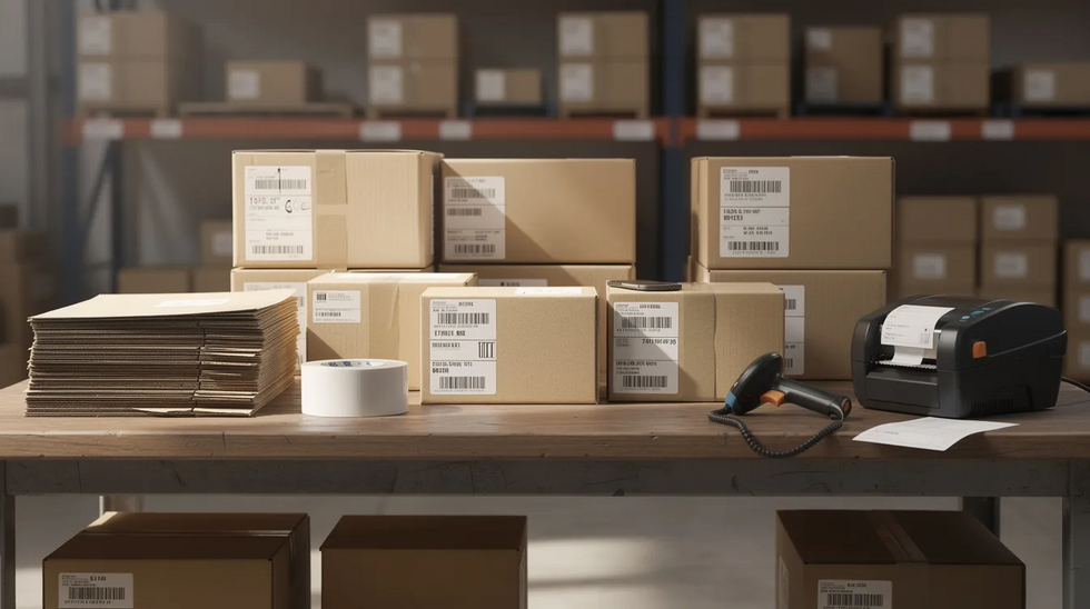 The image shows a warehouse table cluttered with shipping boxes, each adorned with printed labels, as they are being prepared for delivery. This scene represents the ordinary course of trade, highlighting the logistics involved in the bona fide use of goods in commerce.