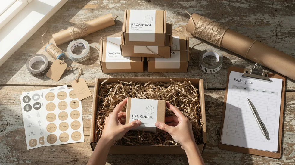 The image depicts neatly arranged product packaging and labels on a craft table, prepared for shipping, showcasing goods bearing trademarks ready for distribution in interstate commerce. This scene emphasizes the importance of bona fide use in commerce and the legal requirements for trademark registration.