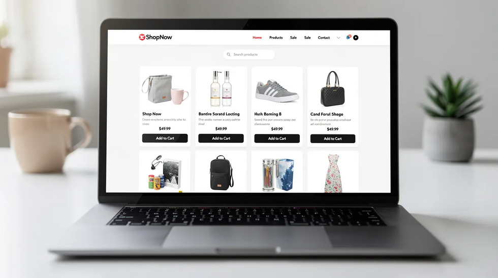 The image shows a laptop screen featuring an online product store displaying various items for sale, highlighting the use of trademarks in commerce. The layout includes product images and descriptions, indicating a platform for legitimate commercial transactions.