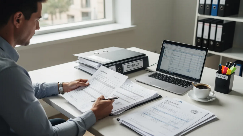 A person is seated at a desk, carefully reviewing legal documents and shipping invoices, which may include trademark applications and filing dates, as they navigate the legal requirements for trademark protection in commerce. The workspace is organized, highlighting the importance of good faith efforts in ensuring compliance with trademark law.