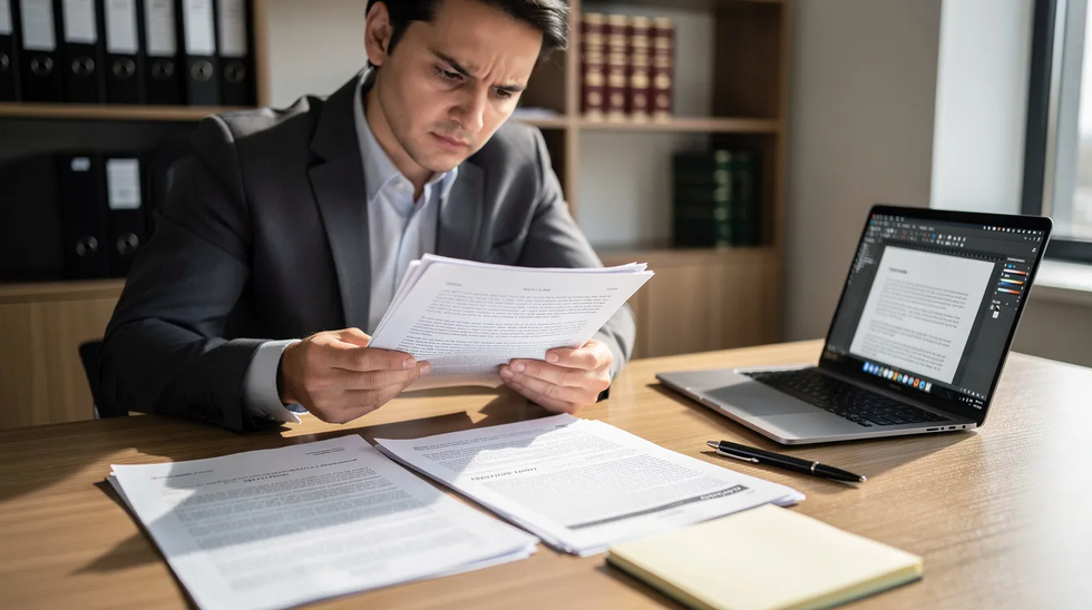 A person is seated at a desk, reviewing legal paperwork related to trademark law, with a laptop open beside them, indicating they may be preparing to address a trademark application or a rejection letter from the trademark office. The scene suggests a focus on navigating the complexities of trademark registration and potential conflicts with existing registered trademarks.
