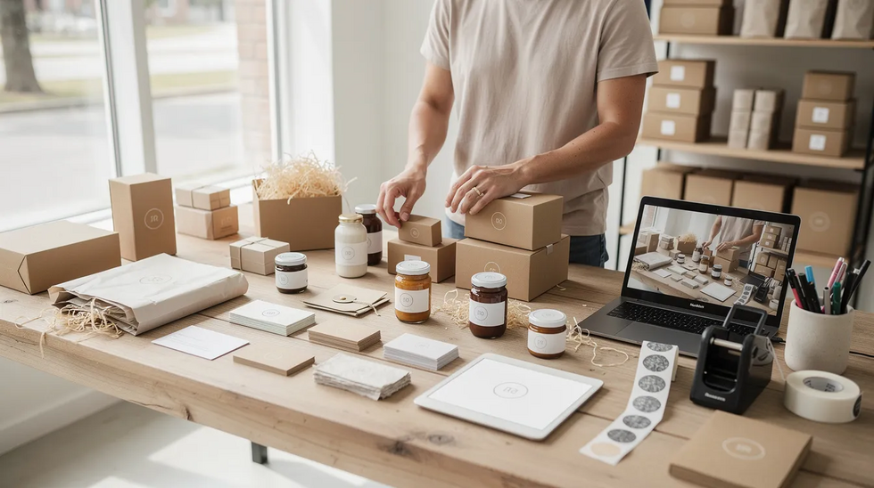 The image shows a small business owner meticulously organizing product packaging and branding materials on a table, highlighting the importance of effective marketing materials in the trademark application process. The scene reflects the owner's dedication to ensuring their proposed trademark is distinct and free from potential conflicts with existing registered trademarks.
