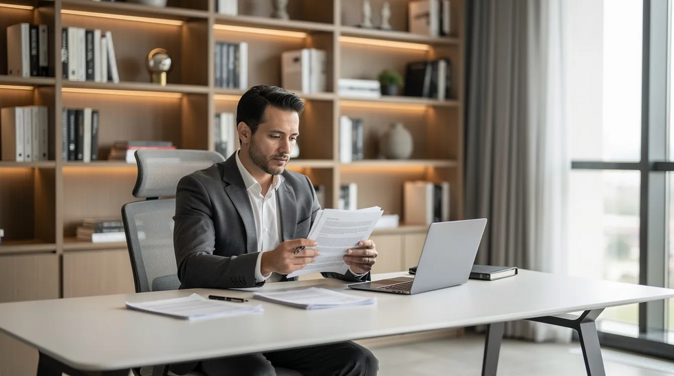 A professional sits at a modern office desk, reviewing documents with a focused expression, while bookshelves filled with legal texts and resources stand in the background, reflecting the importance of trademark law and the trademark application process. The setting suggests an environment where trademark challenges and office actions are carefully examined.