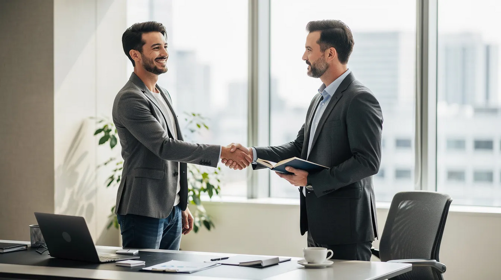 The image depicts a confident business owner shaking hands with a professional advisor in a bright office, symbolizing collaboration and success in navigating the trademark application process. This moment reflects the importance of effective communication and partnership in overcoming trademark challenges and securing trademark registration.