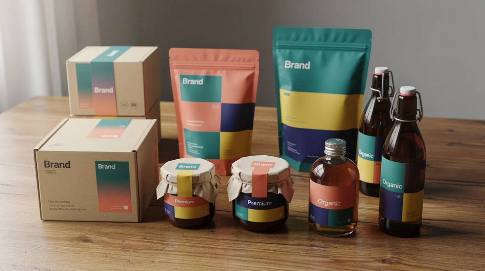 The image showcases an array of colorful product packaging and labels neatly arranged on a table, highlighting various goods or services that could benefit from trademark registration and protection. This vibrant display emphasizes the importance of branding in an online business and the legal rights associated with registered trademarks.