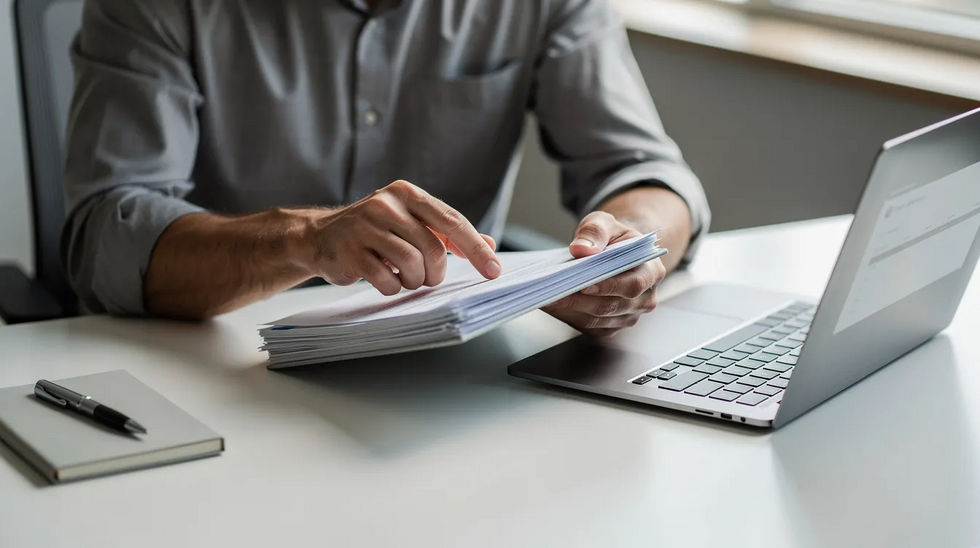 A person is seated at a clean desk, reviewing paperwork and working on a laptop, likely involved in the trademark application process for their online business. The organized workspace reflects a focus on intellectual property and trademark law, essential for protecting their brand name and goods or services.