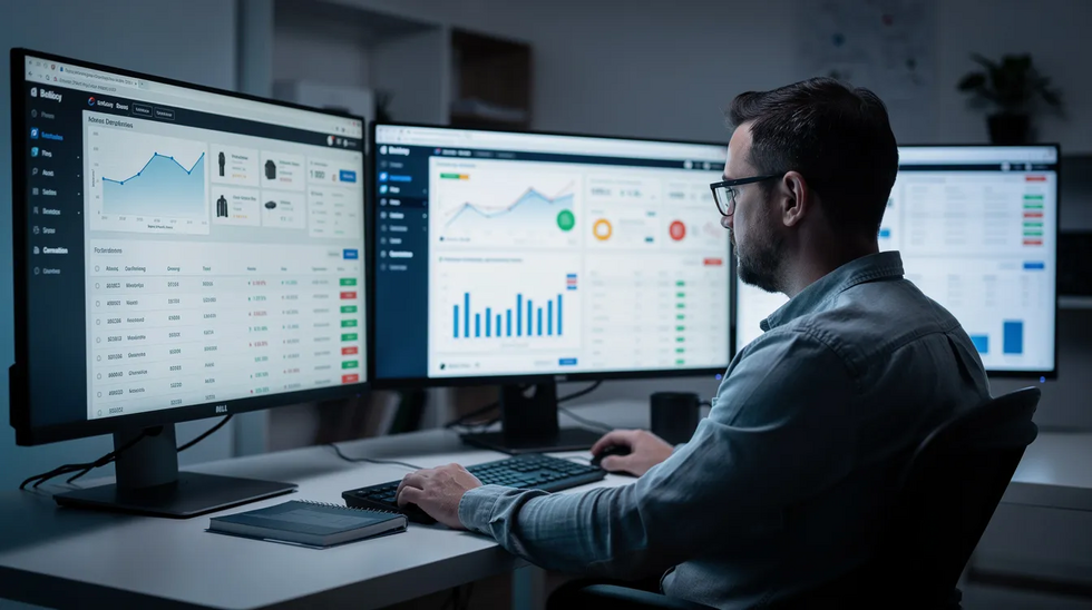 The image depicts a person intently monitoring multiple screens displaying various online marketplace dashboards, likely analyzing data related to trademark registration and intellectual property management for their e-commerce business. The setup suggests a focus on trademark protection and the registration process, essential for maintaining legal rights in a competitive online environment.