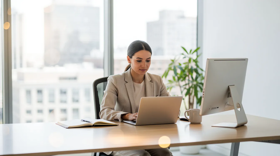 A professional is seated at a modern desk in a bright office, working on a laptop with a coffee mug and notepad nearby, exemplifying a productive business environment. This setting reflects the importance of service marks and trademark registration in establishing a strong brand identity for clients and consumers.