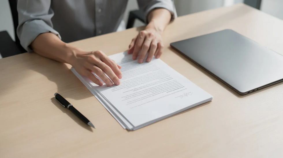 A person is organizing paperwork at a clean wooden desk, which features a pen and a folder, illustrating a tidy work environment that reflects professionalism in managing business documents. This scene highlights the importance of proper organization in processes such as trademark applications and service mark registration.