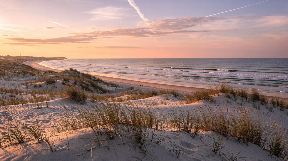 The image depicts a picturesque Cape Cod coastal landscape at sunset, featuring soft beach grass swaying gently in the breeze and a calm ocean reflecting warm hues in the sky. This serene scene captures the essence of nature's beauty, inviting clients to appreciate the tranquility of the coast.